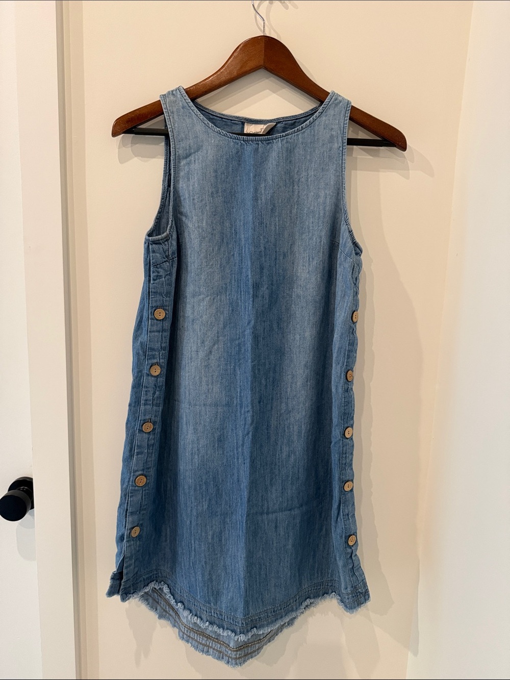Chambray Button-Side Shift Dress in Light Denim
